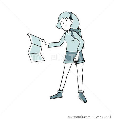 Young woman tourist with long hair, wearing shorts backpack uses paper map to travel. Hiking traveling concept. Smiling girl traveler plans tour route. Hand drawn isolated vector illustration. Doodle 124420841