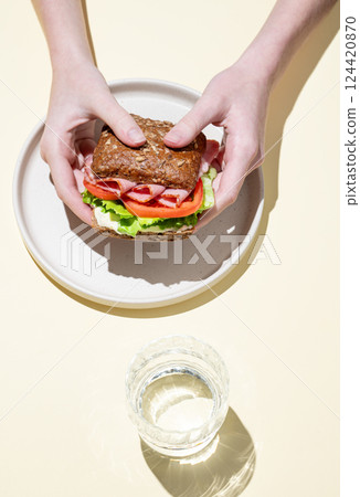 Hands holding fresh sandwich with ham, lettuce, and tomato on a plate. 124420870