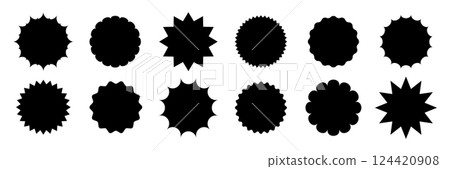 Star round sticker tag icon shape pack. Circle starburst label shape for promo, sale, price offer badge sticker. Round tag shape vector icon. Sale, promo label color design. Vector 124420908