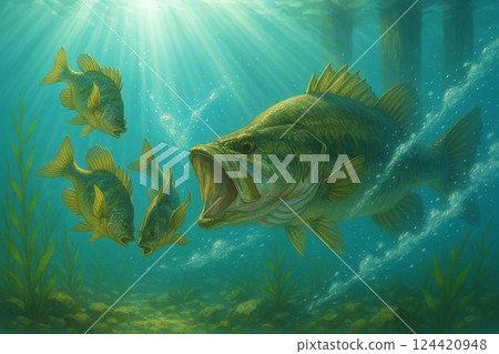 躲在碼頭上的一條黑鱸魚發現了一條藍鰓魚並捕食了它 124420948