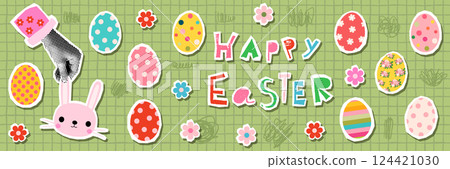 Cute Easter vector banner, background with eggs, flowers and hand in halftone collage style holding a pink bunny face 124421030