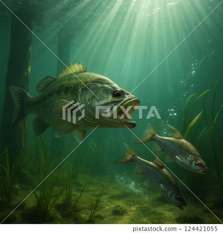 躲在碼頭上的黑鱸魚發現一條小魚並追逐它的瞬間 躲在碼頭上的黑鱸魚發現一條小魚並追逐它的瞬間 124421055