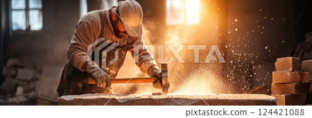 Sculptor shaping stone statue with hammer and chisel in workshop with sunlight shining through 124421088