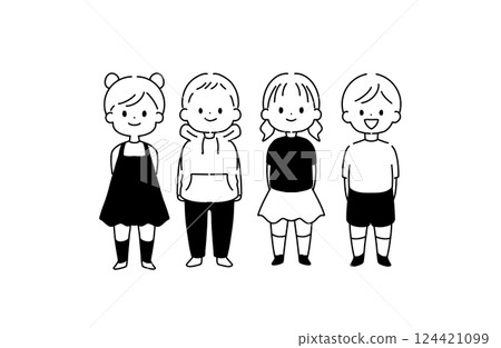 Four children lined up, line drawing 124421099