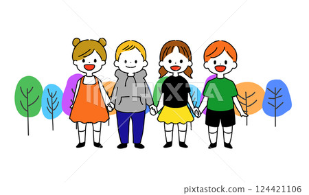 Children holding hands under a tree 124421106