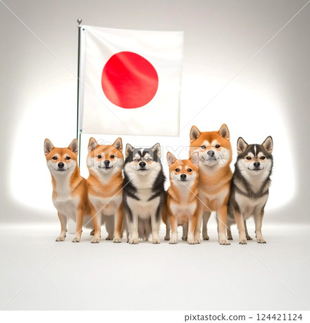 六隻柴犬在日本國旗前排成一排 124421124