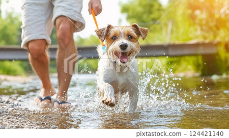 夏日漫步，傑克羅素梗犬在淺河中精力充沛地奔跑 124421140
