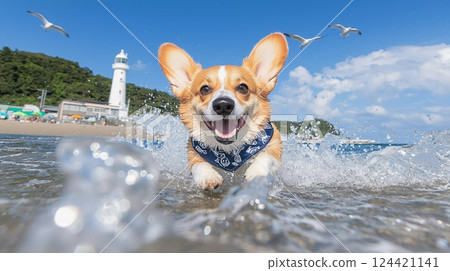 微笑著在沙灘上嬉戲的柯基犬 微笑著在沙灘上嬉戲的柯基犬 124421141