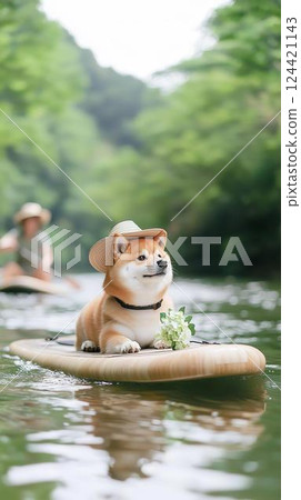 戴草帽的柴犬乘獨木舟沿河旅行的冒險 124421143