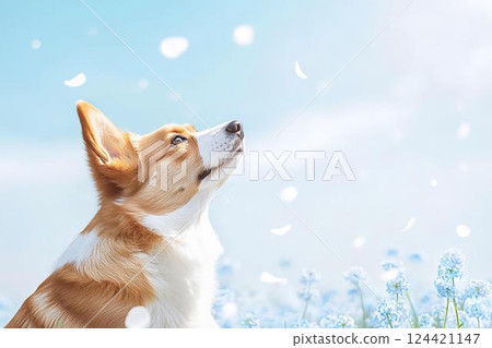 一隻柯基犬凝視著四月藍天中飛舞的花瓣 124421147