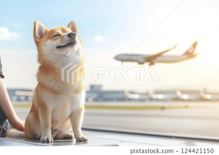 A Shiba Inu looking up at the plane and taking off at the airport 124421150