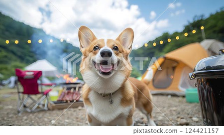 夏日里，柯基犬在露營地玩耍，欣賞戶外風景 124421157