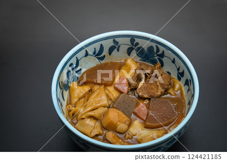 Miso-boiled udon noodles with various ingredients Miso-boiled udon noodles with various ingredients 124421185