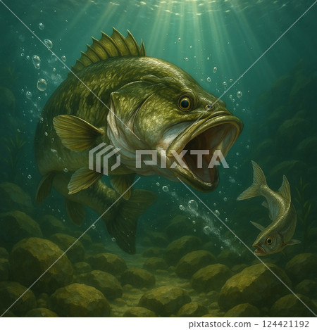 黑鱸魚在岩石田野進食魚餌 124421192