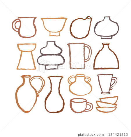 Collection of cute trendy crockery elements. Ink hand drawn line vector illustration on white background Collection of cute trendy crockery elements. Ink hand drawn line vector illustration on white background 124421213