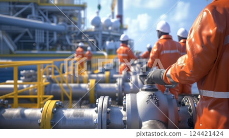 A group of workers wearing protective gear inspecting pipes and valves on an offshore oil rig demonstrating the necessary precautions taken to mitigate potential risks durin 124421424