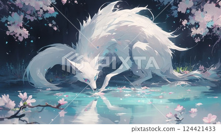 At the edge of a tranquil pond a graceful doeeyed creature with glistening white fur stands on its hind legs nibbling on the leaves of a blooming tree 124421433