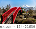 Red bridge and snow-capped old Misaka Pass on a sunny winter morning 124421639