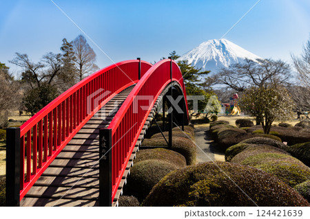 Red bridge and snow-capped old Misaka Pass on a sunny winter morning Red bridge and snow-capped old Misaka Pass on a sunny winter morning 124421639