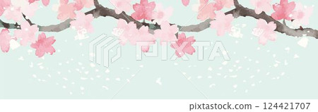 Spring banner frame cherry blossom sakura cherry blossom viewing watercolor Japanese style background design template illustration 124421707