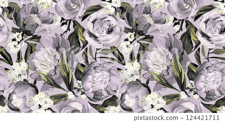 Seamless spring pattern drawn in gouache with pink peonies Seamless spring pattern drawn in gouache with pink peonies 124421711