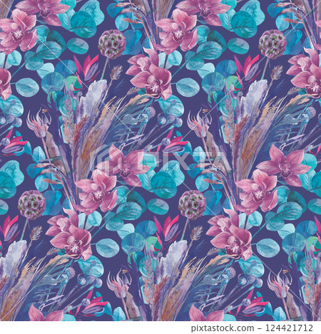 watercolor seamless pattern with orchids and dried flowers on a dark blue background 124421712