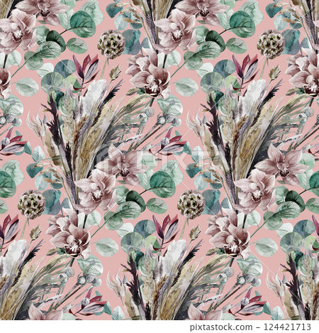 Botanical pattern in boho style with orchid flowers and herbs on a pink background Botanical pattern in boho style with orchid flowers and herbs on a pink background 124421713
