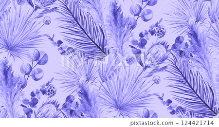 Watercolor monochrome pattern with tropical dried flowers and pampas grass Watercolor monochrome pattern with tropical dried flowers and pampas grass 124421714
