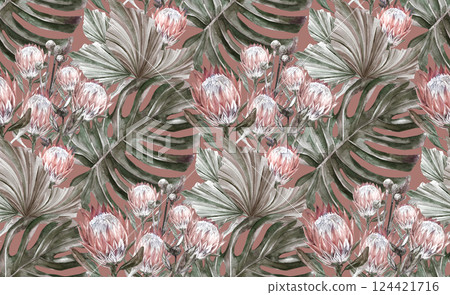 seamless pattern with dried protea flowers and monstera leaves on a brown background  124421716