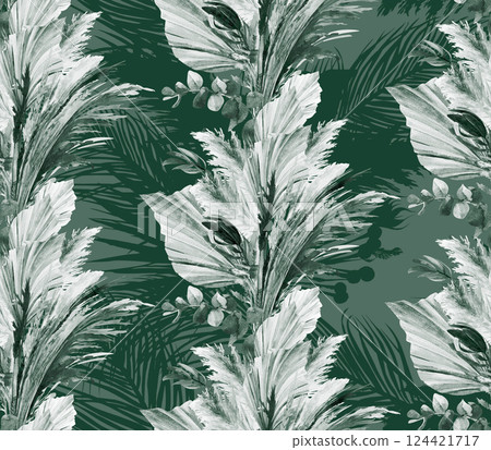 Monochrome botanical motif of tropical dried flowers with palm leaves and pampas grass 124421717