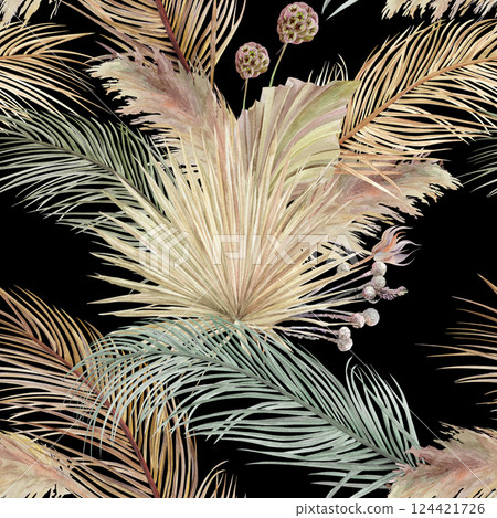 Botanical pattern with dry palm leaves collected in herbs on a black background Botanical pattern with dry palm leaves collected in herbs on a black background 124421726