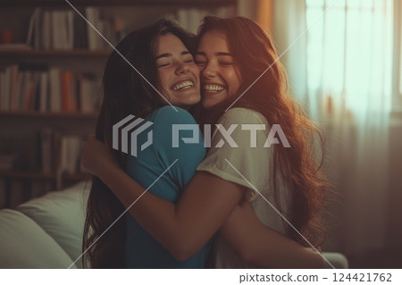 Forgiveness celebration: National Get Over it Day, warm hug, heartfelt unity, emotional peace, reconciliation gesture, compassionate connection, healing bond, caring interaction, loving act 124421762