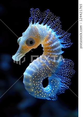 Radiant Seahorse: Fractal inspired seahorse, bioluminescent display, colorful patterns, luminous marine creature, glowing ocean creature, dynamic light display, surreal aquatic design 124421765