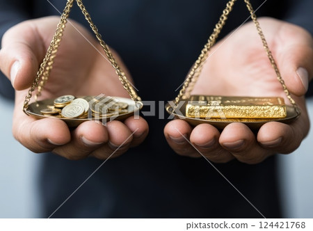 Wealth measure: scales holding gold, success economic importance, monetary security, investment power, precious metal worth, symbolic prosperity, resource richness, market strength, value indication 124421768