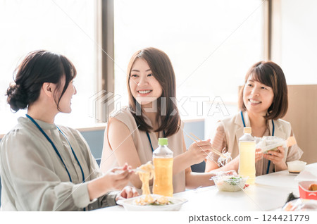 Businesswoman having lunch in company cafeteria/break room Businesswoman having lunch in company cafeteria/break room 124421779