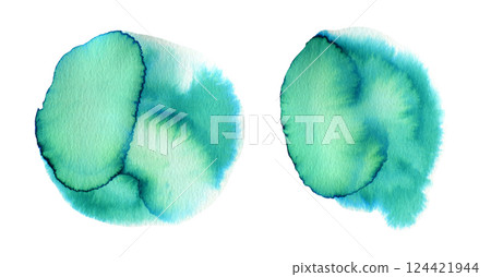 Artistic emerald green and turquoise blue gradient liquid watercolor round shapes set. Vibrant aquamarine watercolour textured circle stains for abstract background, nature botanical concept Artistic emerald green and turquoise blue gradient liquid watercolor round shapes set. Vibrant aquamarine watercolour textured circle stains for abstract background, nature botanical concept 124421944