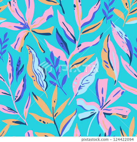 Colorful seamless pattern with abstract tropical leaves in trendy style Colorful seamless pattern with abstract tropical leaves in trendy style 124422094
