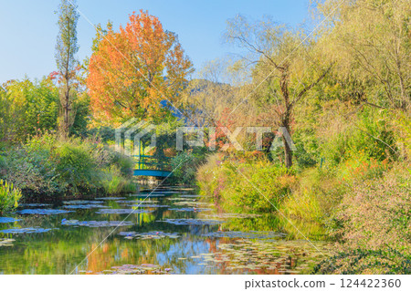 莫內花園中睡蓮的秋色 124422360