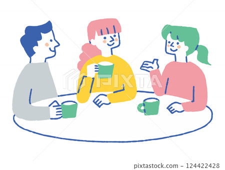 三個人在咖啡館邊喝咖啡邊聊天_顏色 124422428