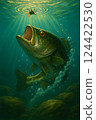 一隻黑鱸魚試圖捕捉掉入水中的昆蟲 124422530