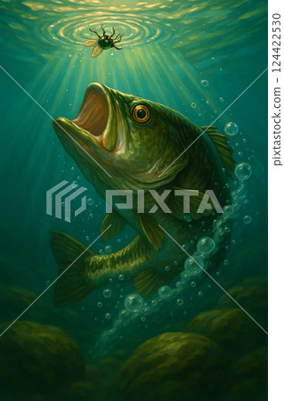 一隻黑鱸魚試圖捕捉掉入水中的昆蟲 124422530