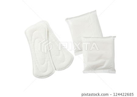 Feminine hygiene and menstruation, Menstrual hygiene products like pads, isolated on white, PNG Feminine hygiene and menstruation, Menstrual hygiene products like pads, isolated on white, PNG 124422685