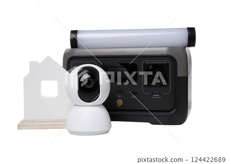 PNG,CCTV camera with a charging station, isolated on white background PNG,CCTV camera with a charging station, isolated on white background 124422689