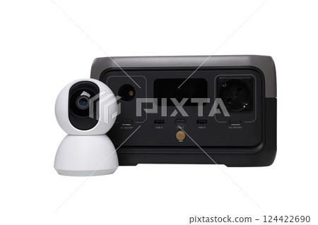 PNG,CCTV camera with a charging station, isolated on white background 124422690