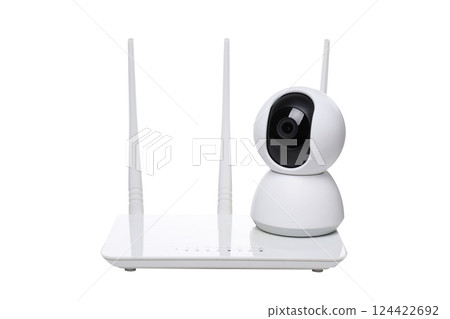 PNG,White video surveillance camera with Wi-Fi router, isolated on white background 124422692