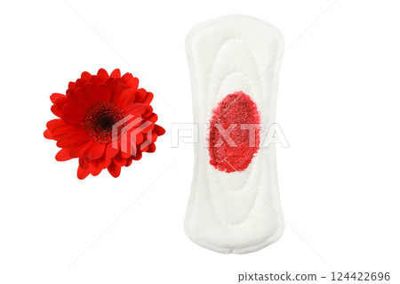 Feminine hygiene and menstruation, Feminine hygiene products shown with a red flower, isolated on white, PNG Feminine hygiene and menstruation, Feminine hygiene products shown with a red flower, isolated on white, PNG 124422696