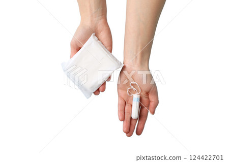 Feminine hygiene and menstruation, Feminine hygiene products displayed in hands, isolated on white, PNG Feminine hygiene and menstruation, Feminine hygiene products displayed in hands, isolated on white, PNG 124422701