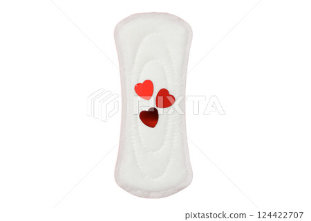 Feminine hygiene and menstruation, Colorful hearts on feminine hygiene products for awareness, isolated on white, PNG 124422707