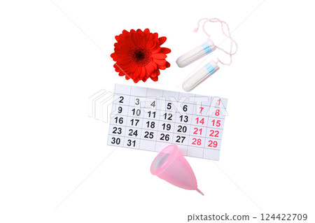 Feminine hygiene and menstruation, Feminine hygiene products with a calendar and flower, isolated on white, PNG 124422709