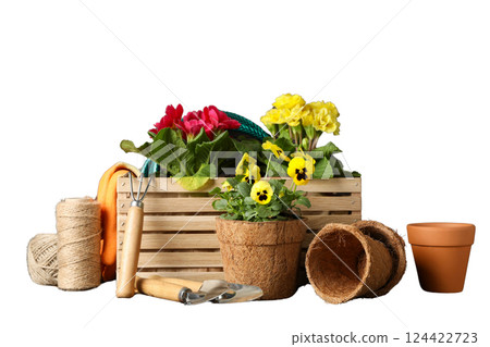Gardening tools, flowers, and pots organized neatly, ready for planting in a space, isolated on white, PNG 124422723